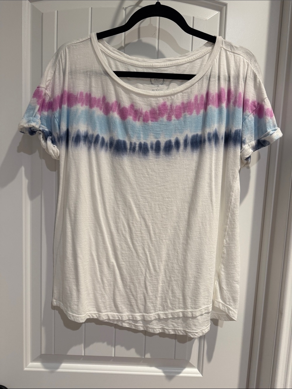 Women's White Short Sleeve Tee with Pink, Light Blue & Navy Tie-Dye Stripe